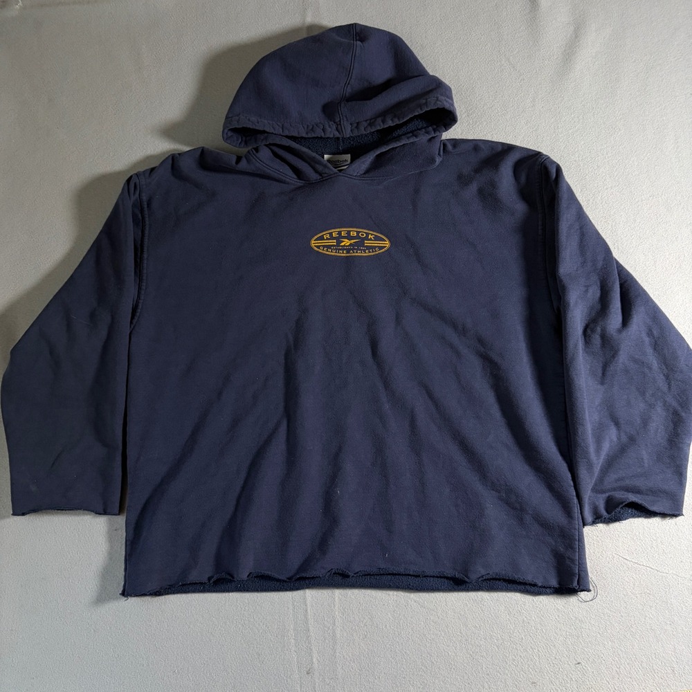 Vintage Reebok Navy Blue Graphic Hoodie XL Boxy Raw Hem Genuine Athletic 90s Y2K